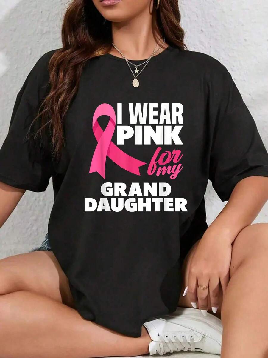 100% Algodón Unisex Yo uso rosa para mi nieta Camiseta de conciencia sobre el cáncer de mama, camiseta de manga corta estampada de otoño e invierno - Negro - Ver 1