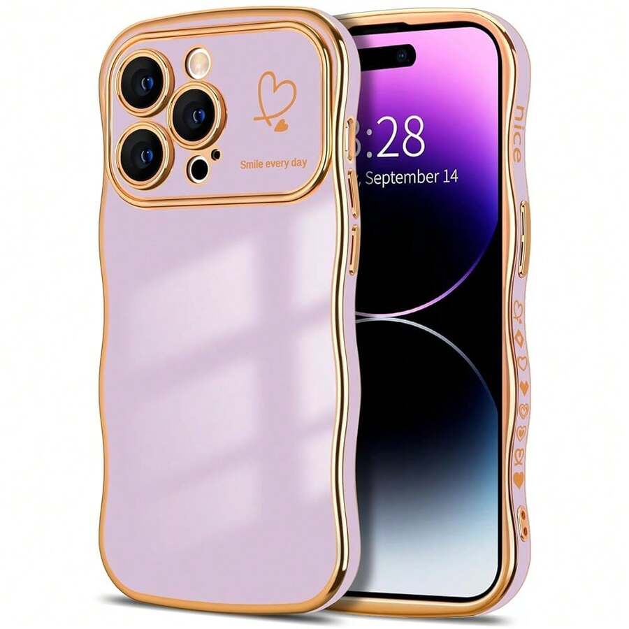 For IPhone 14 Pro Max Case Wave Wavy Phone Cases With Love Heart, Luxury Plating Edge Cute Curly Shape Cover For Women Girls, Thin Slim Soft TPU Rubber Shockproof Protective Cover, Purple{"Color_name":"Purple","Size_name":"ForiPhone14ProMax-6.7inch"} - 多色16 - 查看 1