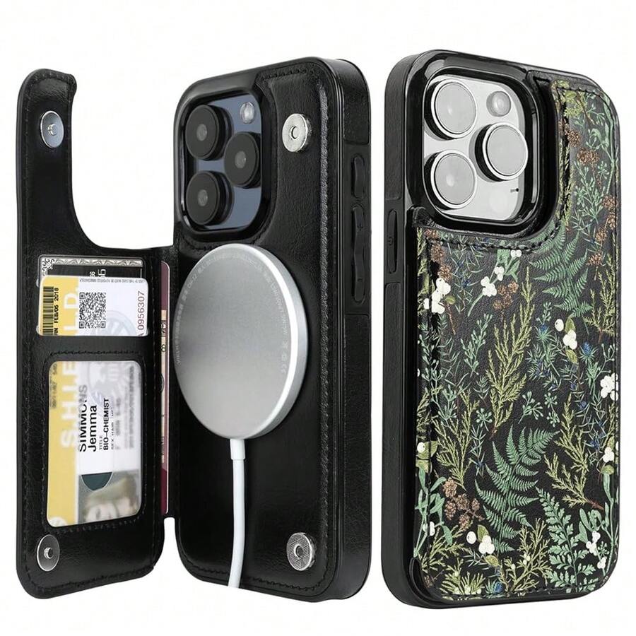 For IPhone 15 Pro 6.1" Wallet Case Magsafe With Card Holder Slot[Compatible With MagSafe] Folio Flip PU Leather Double Magnetic RFID Design With Camera Lens Protector (Ferns){"Color_name":"Ferns","Size_name":"IPhone15Pro6.1\""} - Multicolor11 - View 1