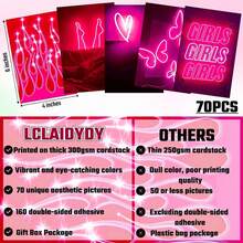 70 Pcs Pink Neon Wall Collage Kit Aesthetic Pictures,Hot Pink Room Decor For Bedroom Small Posters For Room Aesthetic,Dark Pink Dorm Photo Wall Decor For Teen Girls Women 4x6 Inch - Neon hồng - Xem 2