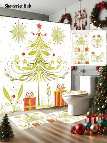 1/3/4pcsGreen Christmas Tree Winter Shower Curtain Bathroom Set, Minimalist Cartoon Waterproof And Wear-Resistant Accessories,With 12 Hooks - Includes Toilet Seat Cover, Bath Mats, And Rugs - Non-Slip Polyester Fabric - Washable - Perfect For Holiday Decor,Home/Bedroom/House/Western Decor,