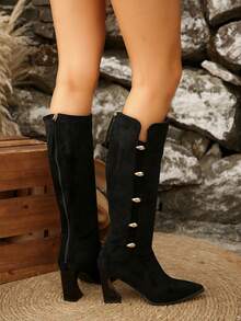 New Arrival Vintage Sexy Slim Chunky Heel Back Zipper Design Knee-High Boots For Women, Pointed Toe Mid-Calf Personalized Street Rider Boots, Versatile Elegant