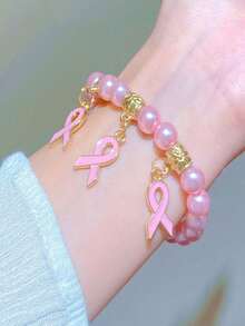 Elegant Ribbon Pendant Beaded Bracelet, Fashion Jewelry Accessory, Breast Cancer Awareness Gift For Women