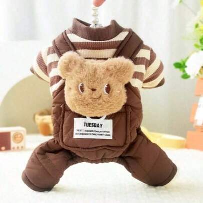 1 件秋冬保暖条纹背带裤，宠物衣服，厚实柔软的狗外套，泰迪/熊猫小狗服装，保暖过冬