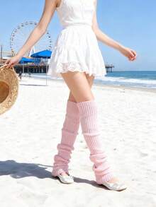 1 Pair Kawaii Women's 70cm Knitted Leg Warmers , Solid Vertical Stripe, All Season, Cozy - Pink - View 9
