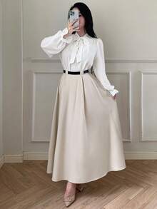 abyoxi Women's Solid Color Elegant High-Waisted Pleated A Line Midi Skirt Fall Winter Fashion Simple Casual Daily Commute Office Half Skirt - Apricot - View 6