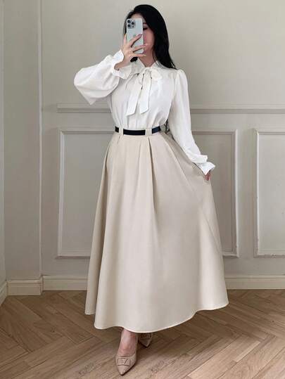 abyoxi Falda midi plisada de línea A de cintura alta en color albaricoque para mujer, de moda simple, casual diaria, para ir a la oficina, salir, graduación, vacaciones, primavera, verano, otoño e invierno