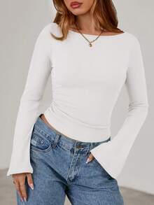 Fall New Arrival Women's Long-Sleeve Top Crop-Top Style Casual Outerwear Boat Neck With Bell Sleeves Ribbed Pleated Design Millennial-Inspired Fashion - 白色 - 查看 3