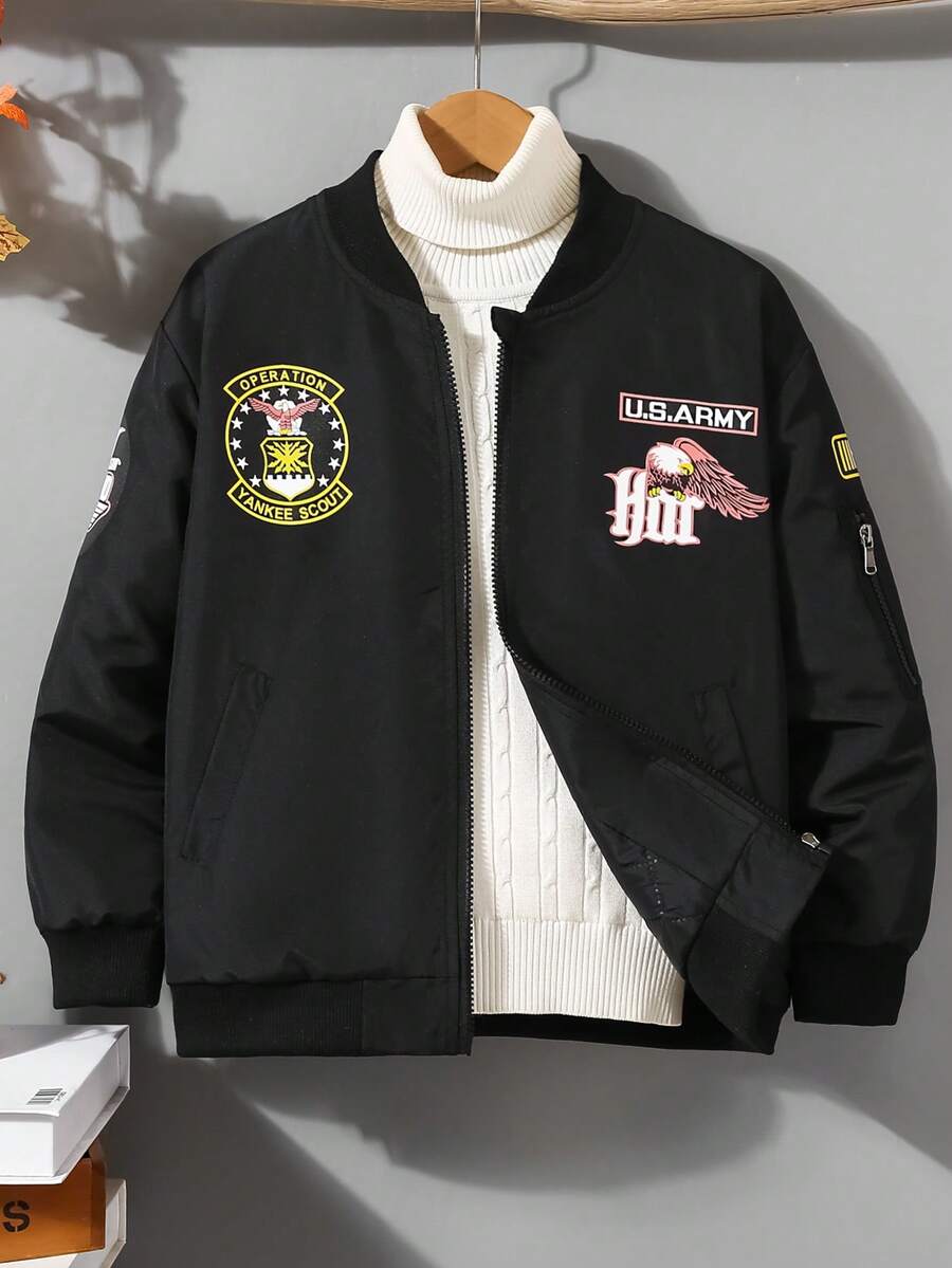 Tween Boy Casual Outdoor Boxerjacka med bokstavstryck och fickor, höst/vinter - Svart - Visa 1