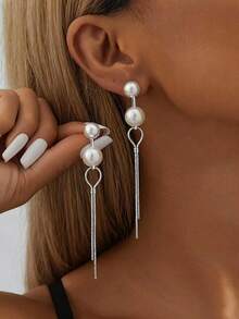 1 Pair Unique Personalized Luxury Faux Pearl Asymmetric Tassel Earrings, Copper Inlay, Suitable For Daily Wear, Formal Events, Gifting To Family And Friends