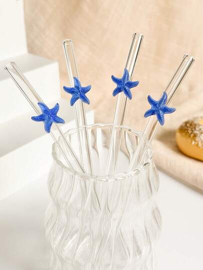 1/2/5支装可爱卡通蓝色海星吊坠玻璃吸管，适用于水杯，可重复使用弯曲透明玻璃吸管，厨房配件，水杯，冷饮，奶茶，咖啡，果汁，冰沙，厨房，餐厅，鸡尾酒会，返校季，送给女朋友/男朋友、父母、朋友的礼物，节日用品。