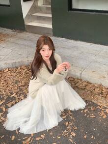 Patchwork Casual Mesh Splice Ribbed Relaxed Minimalist Tulle Skirt - Apricot - View 4