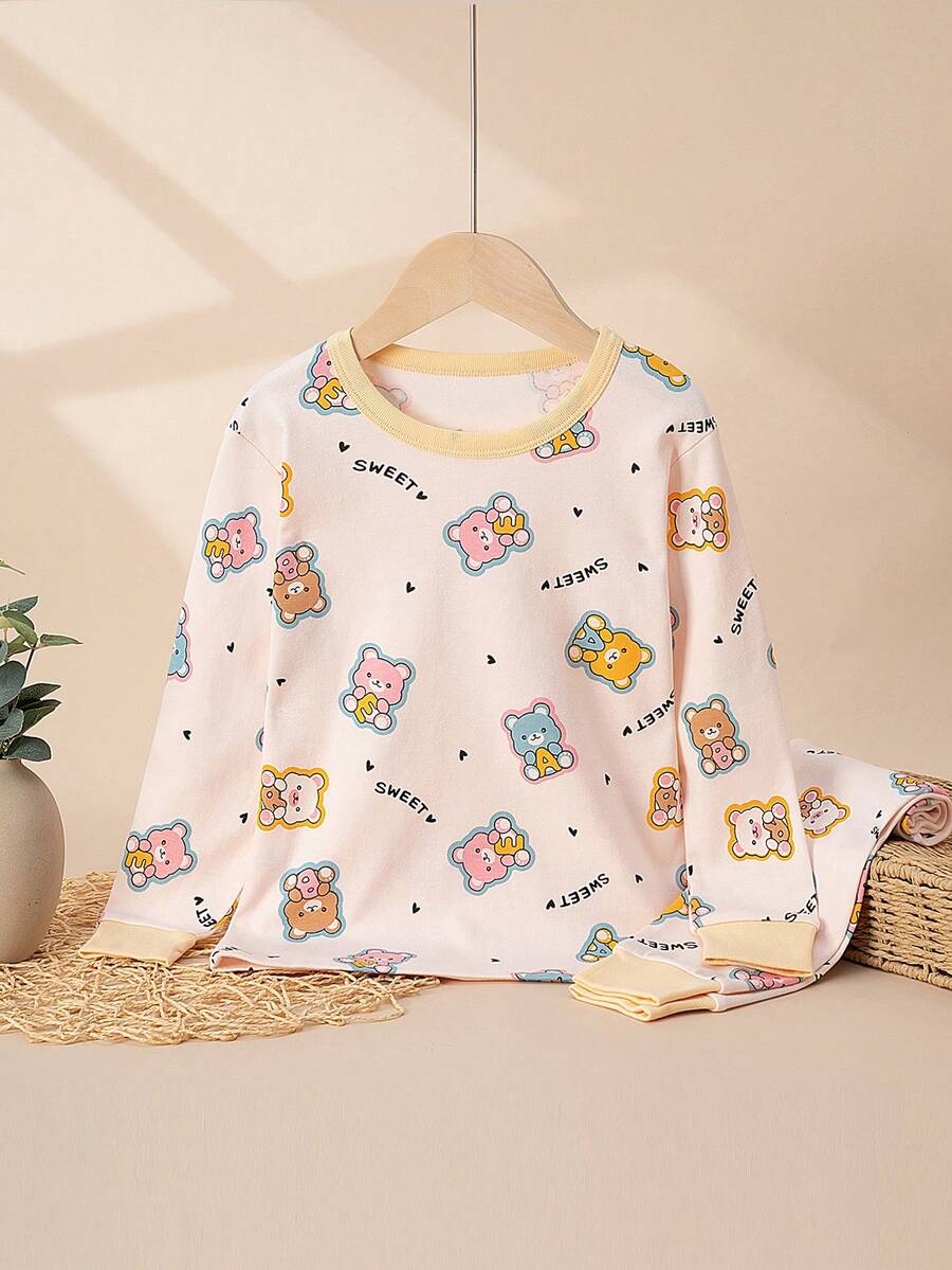 2件組少女彩色字母與卡通熊印花內衣家居服套裝,春/秋季 - 藕粉色 - 查看 1
