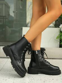 新款女士踝靴，时尚百搭休闲平底鞋 - 黑色 - 查看 5