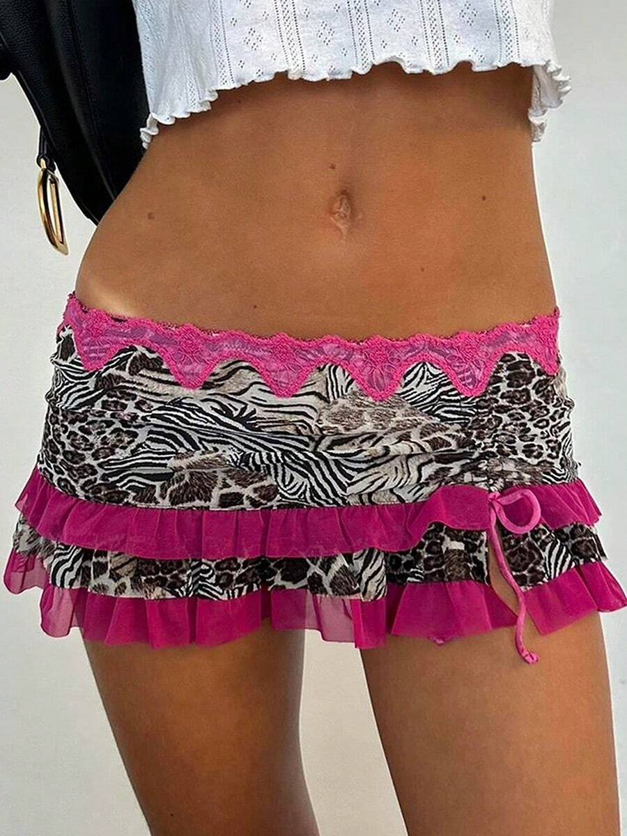 Women Mini Short Skirt Low Waisted Leopard Print Ruffle Lace Edge Fashion Short Skirt - Purple - View 1