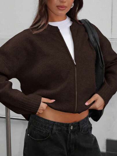 Nuevo suéter de punto con cremallera de cuello redondo de unicolor para mujer, estilo coreano elegante y casual, suelto y versátil, adecuado para salir y ir al trabajo, abrigo de punto para mujer en otoño e invierno