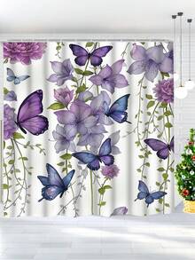 1/4 件紫色水彩蝴蝶图案浴帘套装，防水涤纶面料，简约春夏家居装饰窗帘，马桶盖套，U 型垫，浴室防滑垫圣诞装饰 - 彩色 - 查看 18