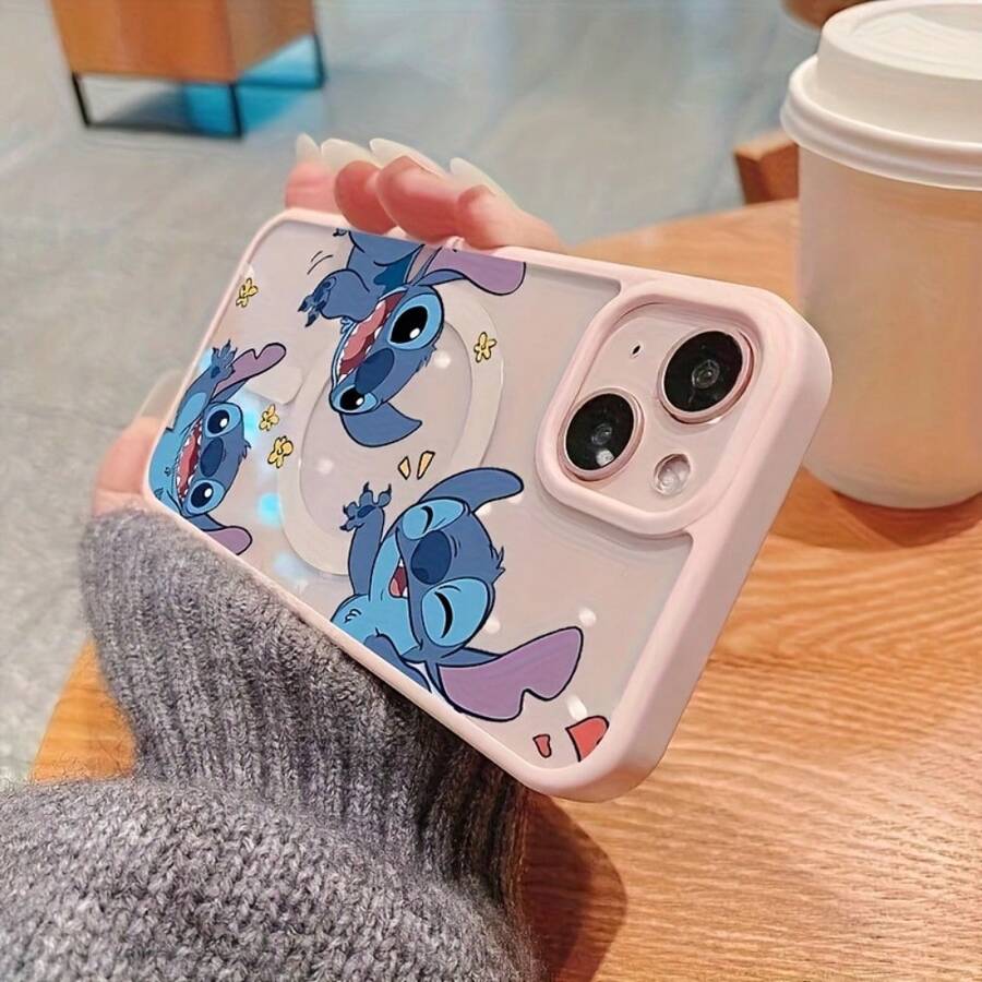 Miniso Disney Three Adorable Stitch Phone Case, Compatible With IPhone 17 Pro Max17 Pro/17 Air/17/16/15/14/13/12/11/XS, Anti-Drop Protective Magnetic Cover, Multiple Colors Available, Transparent Design - 粉紅色 - 查看 1