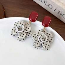 Elegant Polka Dot Flower Drop Earrings, Acrylic Dangle With Stainless Steel Ear Needle, Chic Jewelry For Women, For Daily Wear And Gifting, All-Season Versatile Accessory - Đen và trắng - Xem 5