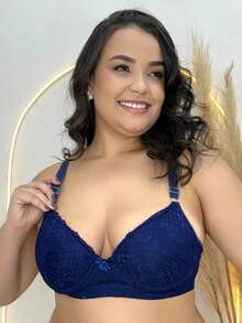 Plus Size Bra With Reinforced Microfiber Lace - Navy Blue - View 2