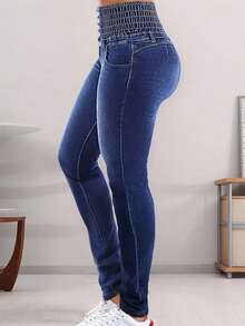 New Navy Y2K High-Waist Stretch Jeans With Hip-Lifting Slim Fit. Stylish & Versatile For Street, Retro, Holiday And Back-To-School Looks. - Blue - View 3
