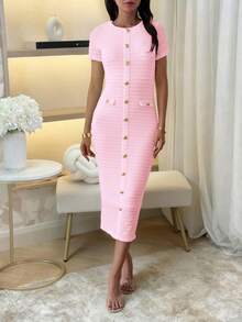 Unadoll Women's Short Sleeved Round Neck Zipper, Fake Buckle Design, Slit, Elegant Temperament Pink Winter Dress, Suitable For Dates, Commuting, Weddings, Christmas, Thanksgiving Wearing