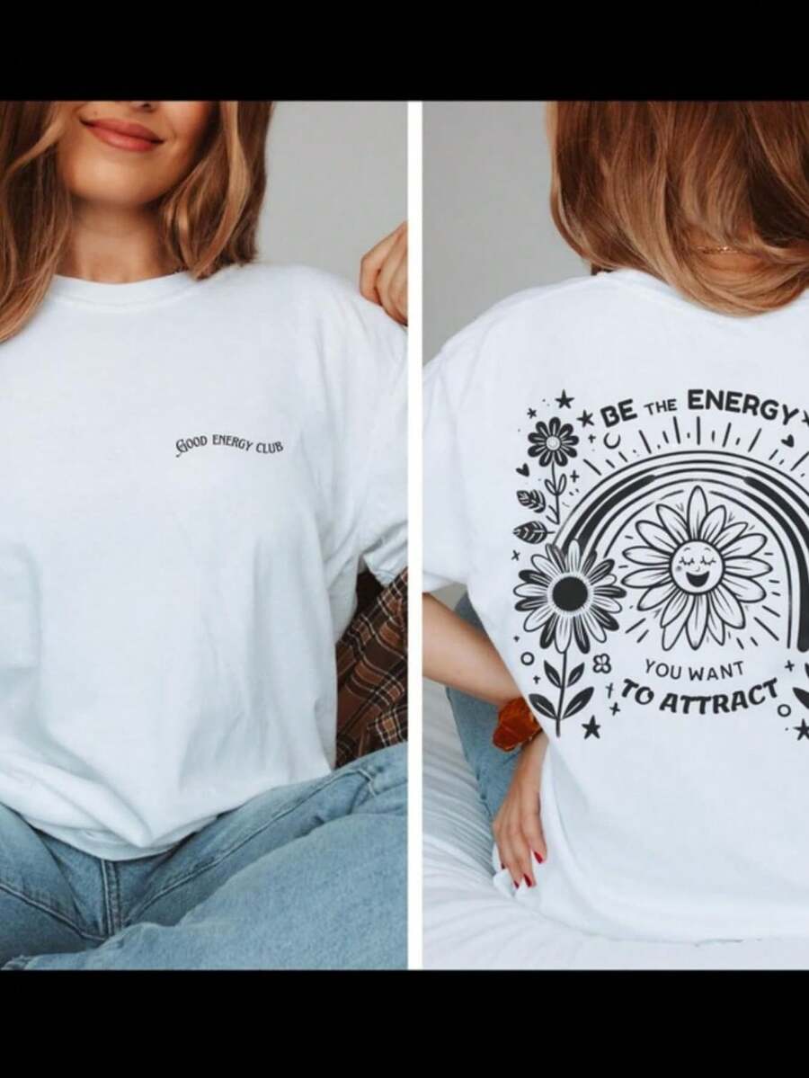 Posit Energy , Good Energy Club, Suower Shirt, Motivational Quote Shirt, Be The Energy You Want To Attract, Spiritual Flower ..Women's Solid-Colored Boat Neck Short-Sleeve One-Piece Shirt, Suitable For Summer Wear, Paired With Printed Shirts, Ladies' Tops, And Printed Short-Sleeve Shirts. Women's Clothing - White - View 1