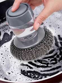 1 pièce Brosse automatique pour ajouter du liquide dans les plats, outil de nettoyage de type pression avec boule en fil d'acier, brosse de nettoyage pour évier de cuisine et plan de travail afin d'éliminer les taches d'huile sur les cuisinières de la maison
