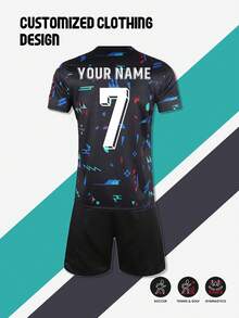 定制葡萄牙国家队足球球衣#7，青少年足球服套装 - 涤纶，圆领上衣和短裤，适合男孩运动训练和休闲穿着，非常适合户外 - 黑色 - 查看 4