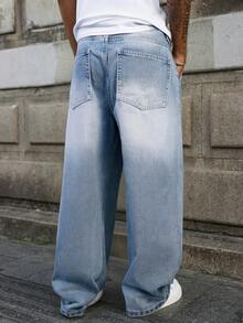 男士浅蓝色牛仔裤，休闲宽松直筒 Y2K 牛仔裤，美国街头服饰 - 藍色 - 查看 5