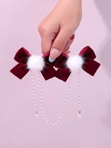 2 spinki do włosów w stylu świątecznym dla dziewczynek, sztuczne perłowe frędzle, puszysty pompon, elegancka i wykwintna ozdoba do włosów dla nastolatek, codzienne akcesoria do włosów