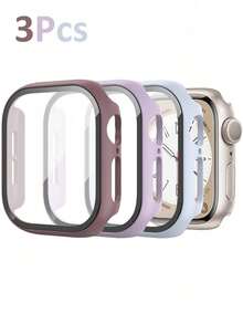 3 件装 PC + 钢化玻璃一体式表壳，防摔时尚保护套，兼容 表壳 40/41/42/44/45/46/49 毫米，兼容 Series Ultra/Se/11/10/9/8/7/6/5/4，智能手表配件男士女士 - 煙燻紫色+燻衣草色+天藍色 - 查看 19