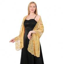 Shawls And Wraps For Evening Dresses,Women Formal 1920s Sequin Flower Sheer Shawls And Wraps For Wedding-{"Color_name":"Gold"} - 金色 - 查看 9