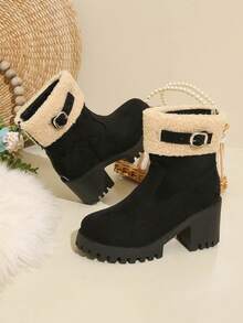 Chunky High-Heel Platform Round-Toe Suede-Like -On Short Boots With Metal Buckle And Back Zipper - Black - View 1