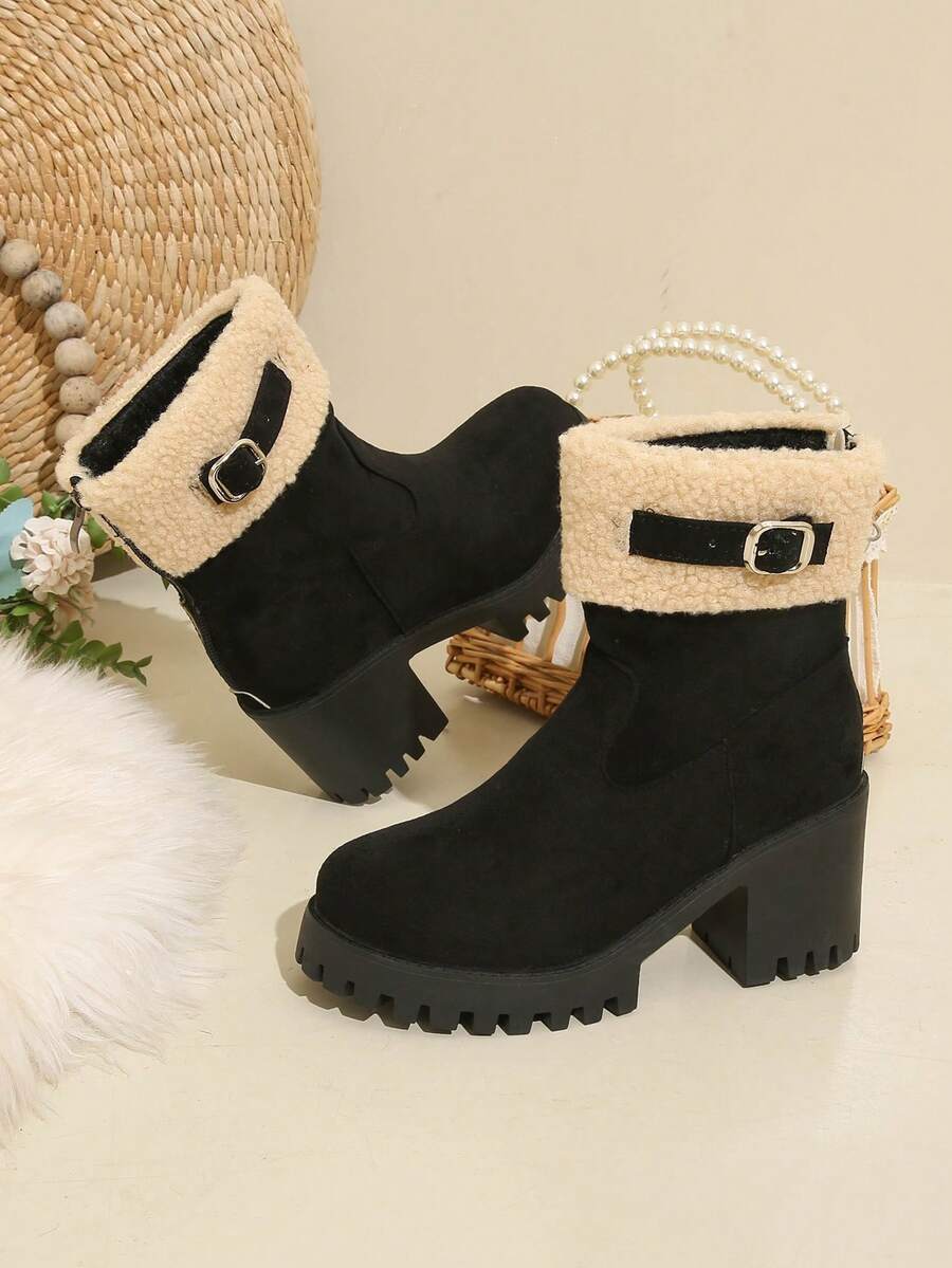 Chunky High-Heel Platform Round-Toe Suede-Like -On Short Boots With Metal Buckle And Back Zipper - Black - View 1