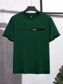 Men's Slim Fit T-Shirt With Letter Print, Round Neck And Short Sleeves 1005 Cotton - Màu xanh lá cây đậm - Xem 4