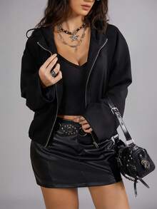 Chaqueta con cremallera de otoño para mujer Ela Vee, chaqueta con capucha negra para mujer, chaqueta de ropa urbana, abrigo negro casual, abrigo con cremallera de corte holgado, ropa de exterior de manga larga con bajo ajustado, chaqueta negra para mujer, moda de otoño e invierno