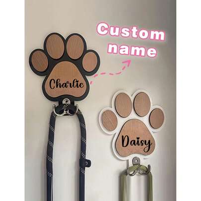 1pc Customized Wooden Bone-Shaped Dog Leash Hook With Engraved Name, Personalized Dog Collar Hanger Suitable For Collar And Leash, Durable Wooden Material, Adjustable Angle Metal Hook, 16*16cm Best Size, Puppy Paw Print Design, Great For Dog Lovers And Pet Home Decor