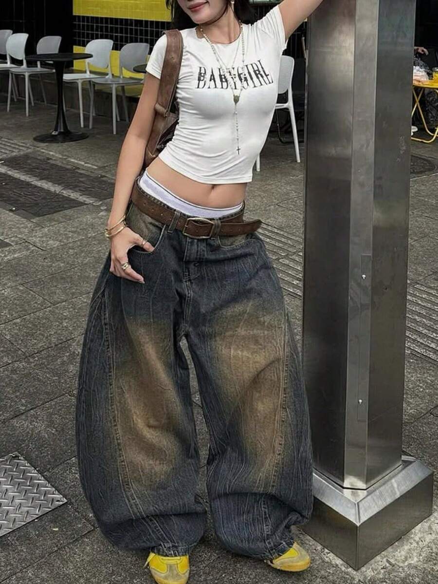 女士高腰阔腿牛仔裤 - 舒适休闲裤，宽松版型带口袋，修身设计 - 淺色水洗藍 - 查看 1