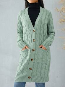 Female Cardigan, Solid Color Long Sleeve Sweater Knitted Coat With Pockets For Spring Fall, S/M/L - Light Green - View 1