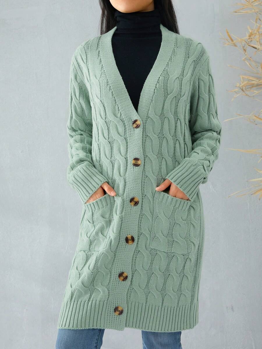 Female Cardigan, Solid Color Long Sleeve Sweater Knitted Coat With Pockets For Spring Fall, S/M/L - Light Green - View 1