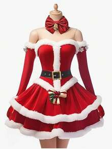 1 副女士手套，白色毛绒袖口，及肘长指手套，婚礼手套，派对手套，圣诞老人派对服装 - 紅色 - 查看 7