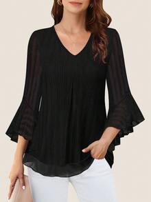 CheersLife Women's 3/4 Sleeve Tie Waist Top, Casual Loose Printed Blouse With Layered Ruffle Mesh - Black - View 2
