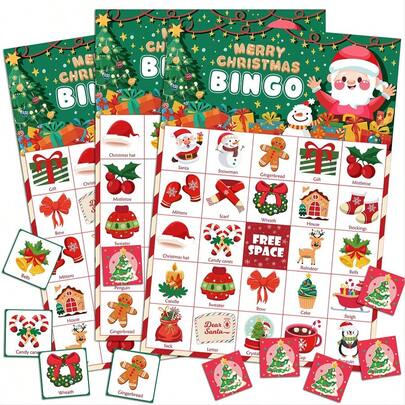 34 张圣诞派对宾果游戏卡，24 名玩家圣诞节成人和家庭节日派对礼物，儿童家庭活动圣诞宾果游戏，冬季派对用品装饰，圣诞装饰，圣诞节活动家庭派对游戏