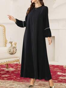 Abaya Robe Fashion Women's Elegant Sequin Long Sleeve Loose Zipper Dress - Black - View 7