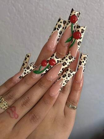 24pcs Extra-Long Coffin-Shaped Nails, French Style With A Combination Of Brown And Chocolate Leopard Print, Red Cherry. One Piece Is Jelly Gel, One Piece Is Textured Strip. These Leopard Press-On Nails Are Suitable For Wearing At Holiday Parties And Dates.