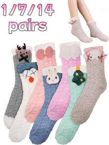 1/7/14 زوج من الجوارب الفرائية للنساء، جوارب نعال دمية حيوانية لطيفة ناعمة، جوارب نوم فرفرية دافئة للشتاء، هدية عيد الميلاد، مناسبة للفتيات، متعددة الألوان