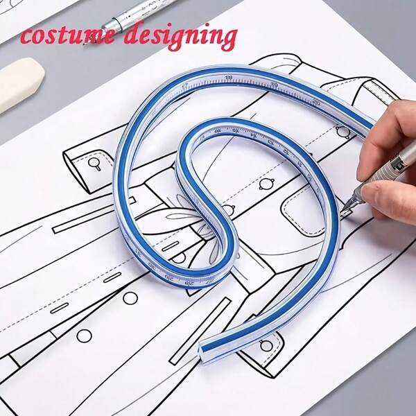Régua curva flexível de 1 peça - escala dupla, ferramenta de plástico multiuso para desenho de design em escritório e escola, esboço técnico, design compacto, estrutura resistente, bordas suaves, essencial para desenho e medição