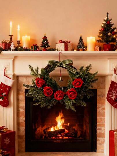 1 件人造圣诞玫瑰花环，配绿色蝴蝶结、逼真松针和铃铛饰物