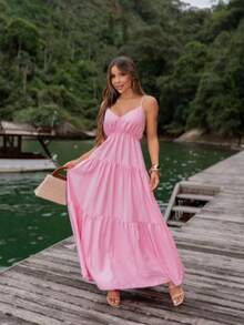 Women's Long Dress With Loose Straps, Light Summer - Dusty Pink - View 3